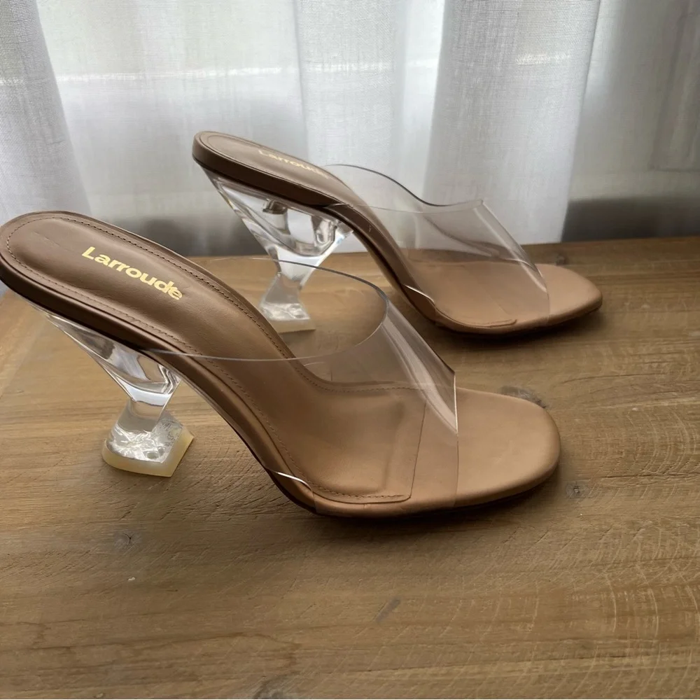 Larroudé Madonna Lucite Vinyl Mules In Tan Leather Size 7.5 New